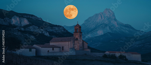 AI generator images of Full Moon Rising over Mountain, Night sky background seen through stars and clouds. church on Mountain