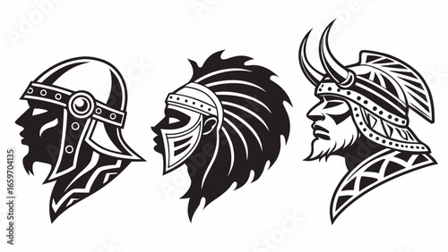 Vector art of set of three warrior heads in helmet, representing strength, power and protection in battle