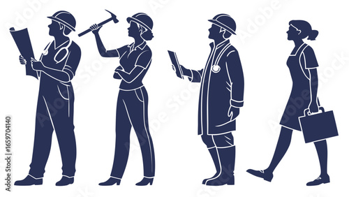 Vector art of silhouette illustration of diverse professionals in various occupations