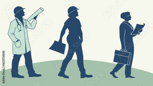 Vector art of silhouettes of a doctor, engineer, and businesswoman representing different professions and career paths on a