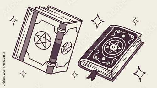 Vector art of two magical books with pentagrams and stars in a whimsical cartoon style