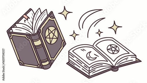 Vector art of two magical books with pentagrams, moons, and stars in a whimsical cartoon style