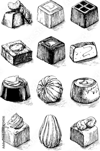 Hand-drawn assorted chocolates and desserts collection in black and white