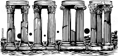 Ancient greek columns illustration with ruins and architectural details