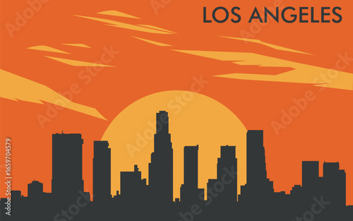 a silhouette of the Los Angeles city skyline against the background of a stylized yellow sunset or sunrise with an orange sky and abstract clouds