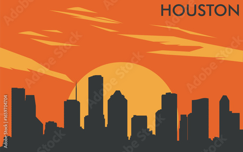 a silhouette of the Houston city skyline against the background of a stylized yellow sunset or sunrise with an orange sky and abstract clouds