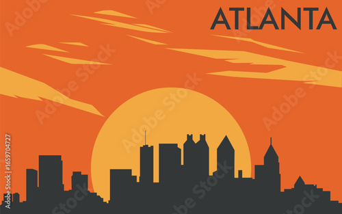 a silhouette of the Atlanta city skyline against the background of a stylized yellow sunset or sunrise with an orange sky and abstract clouds