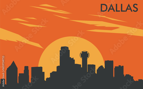 a silhouette of the Dallas city skyline against the background of a stylized yellow sunset or sunrise with an orange sky and abstract clouds