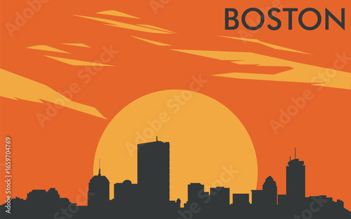 a silhouette of the Boston city skyline against the background of a stylized yellow sunset or sunrise with an orange sky and abstract clouds
