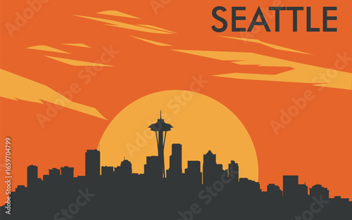 a silhouette of the Seattle city skyline against the background of a stylized yellow sunset or sunrise with an orange sky and abstract clouds