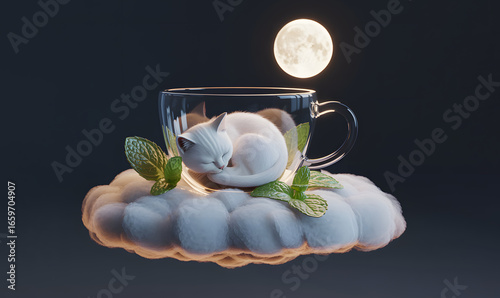 Adorable White Cat Sleeping on Fluffy Clouds in Teacup Under Full Moon