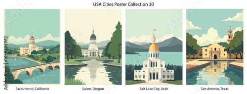 Sacramento, California , Salem, Oregon , Salt Lake City, Utah , San Antonio, Texas  Flat Vector Poster Collection