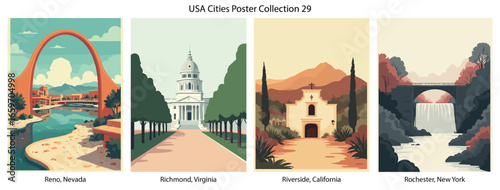 Reno, Nevada , Richmond, Virginia , Riverside, California , Rochester, New York  Flat Vector Poster Collection