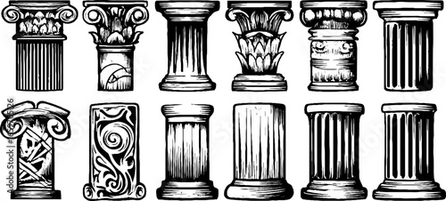 Varied classical roman and greek architectural column capitals and styles