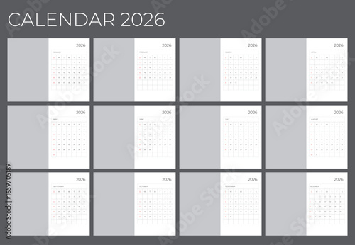 2026 Calendar Minimalist Monthly Template in Greyscale Color