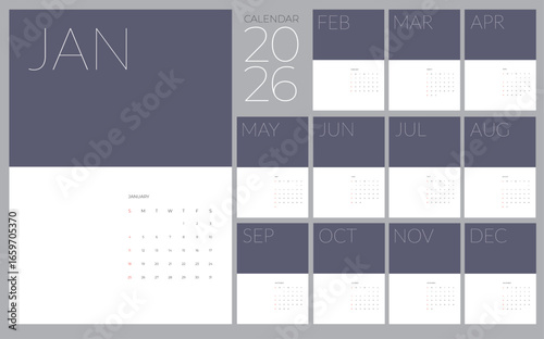 2026 Calendar Template with 12 Monthly Layout in Grey Color