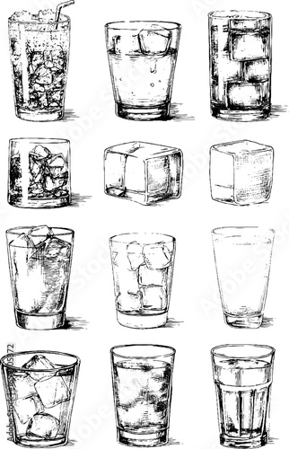 Variety of hand-drawn drinking glasses and ice cubes sketch art