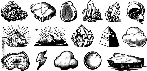 Collection of hand-drawn minerals, crystals, and natural scenes in black and white