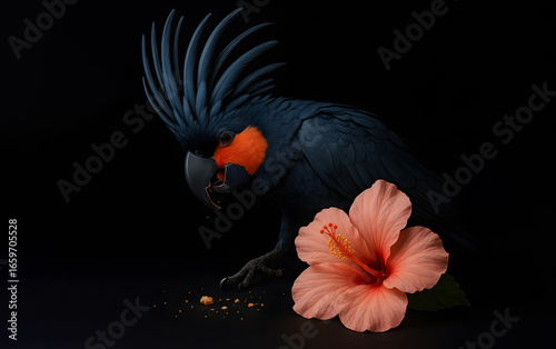 Exotic Blue Parrot Eating Nuts Beside Hibiscus Flower on Black Background