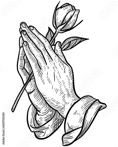 Praying hands holding delicate flower stem in vintage engraving style. Black and white line art illustration perfect for spiritual, religious, and botanical designs.