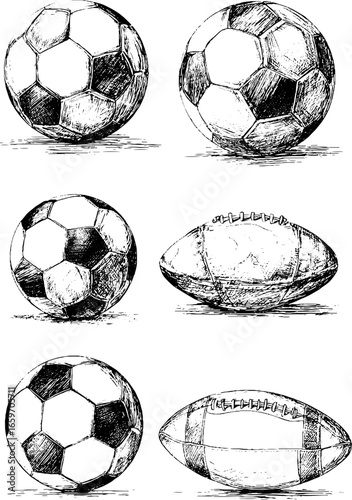 Vintage sketch of soccer and american football balls in black and white