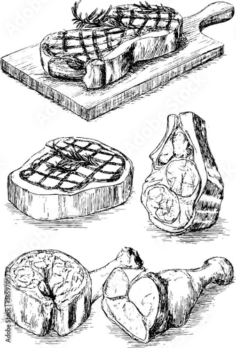 Hand-drawn meat cuts on wooden board including steaks and lamb chops