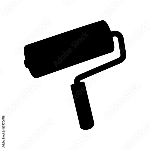 Black silhouette of a paint roller tool isolated on white background