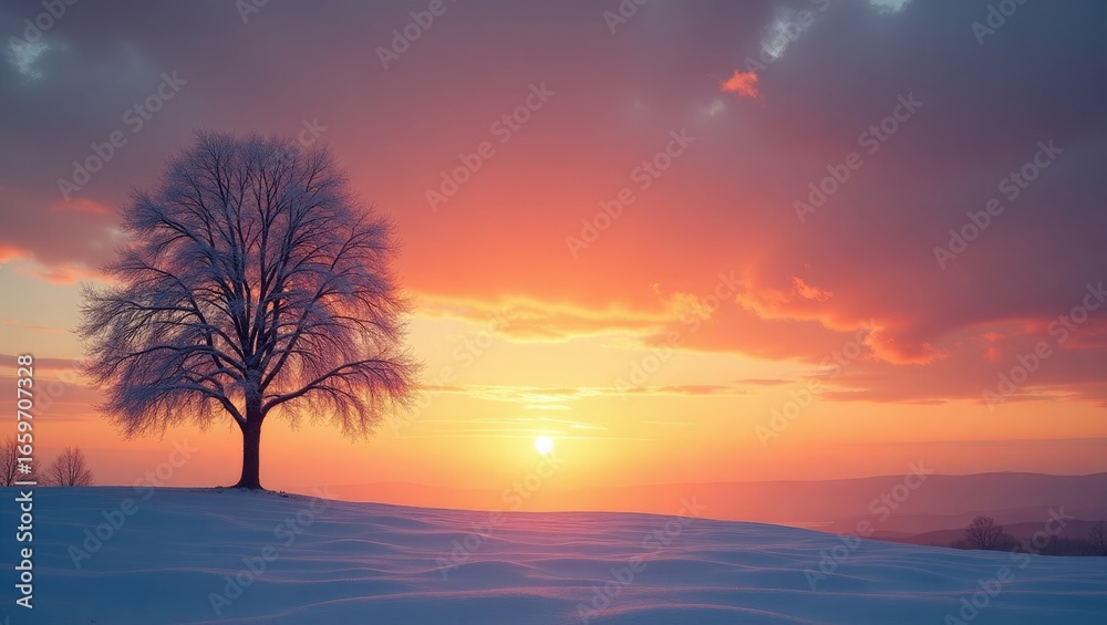 Fototapeta premium A solitary tree stands sentinel on a snowy hilltop, bathed in the warm hues of a winter sunset.