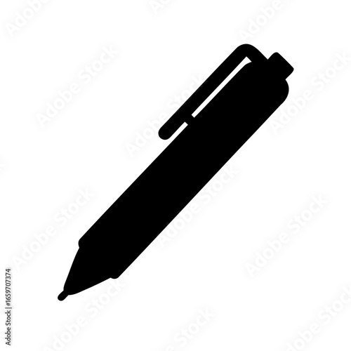 Simple black silhouette illustration of a ballpoint pen on a white background