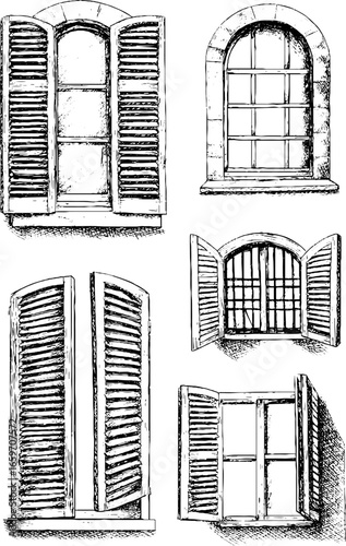 Vintage hand-drawn window designs with shutters and archways