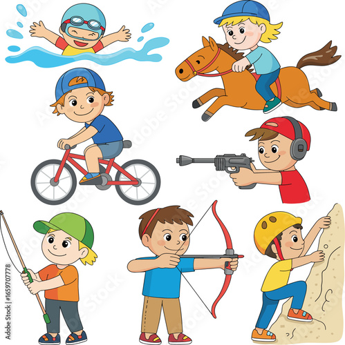 Cartoon kids doing sports, swimming, cycling, horse riding, climbing, archery, shooting, fishing, active children, vector illustration, clipart