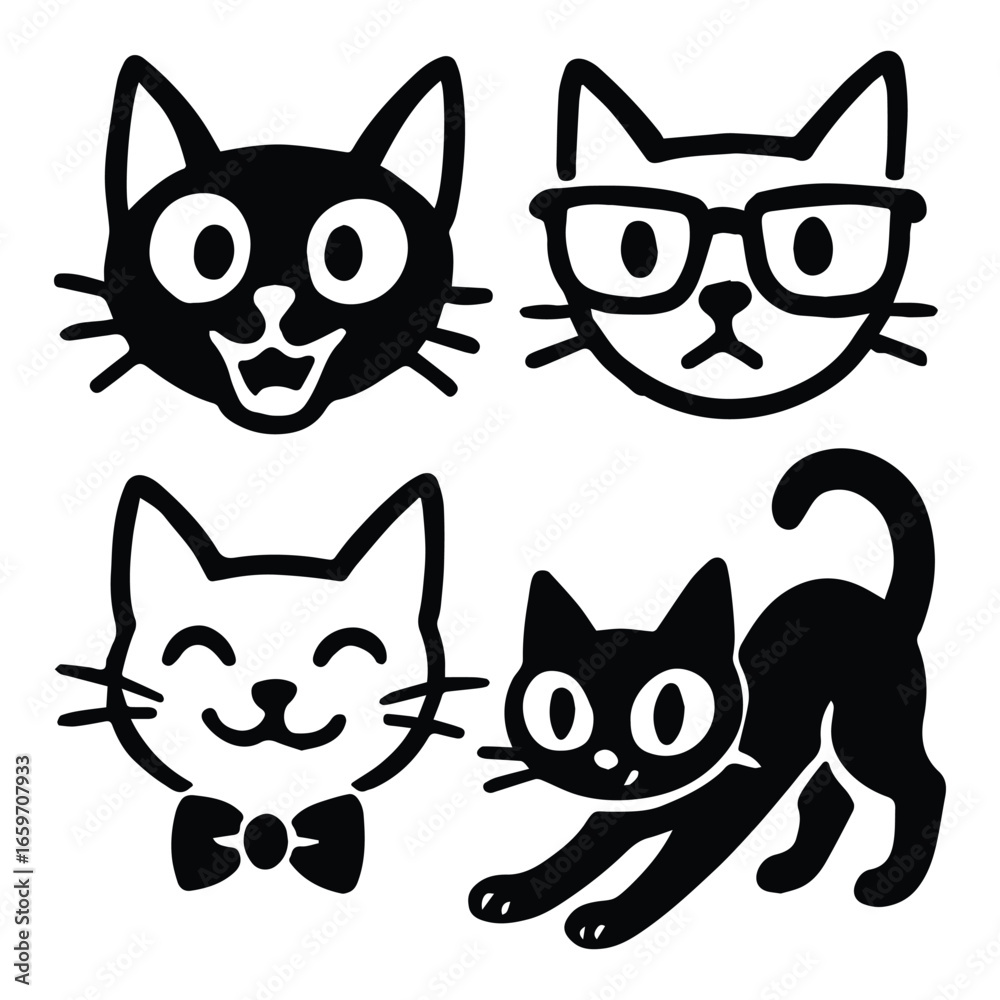 Fototapeta premium Four adorable hand drawn cat illustrations featuring diverse expressions and poses isolated on white background