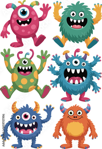 Cartoon monster vector illustration, colorful one-eyed creatures, cute fantasy characters, isolated clipart, kids design, fun drawing, Halloween theme