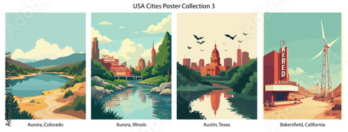 Aurora, Colorado , Aurora, Illinois , Austin, Texas , Bakersfield, California  Flat Vector Poster Collection