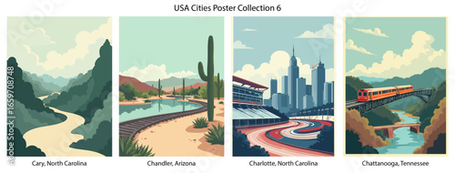 Cary, North Carolina , Chandler, Arizona , Charlotte, North Carolina , Chattanooga, Tennessee  Flat Vector Poster Collection