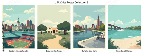 Boston, Massachusetts , Brownsville, Texas , Buffalo, New York , Cape Coral, Florida  Flat Vector Poster Collection