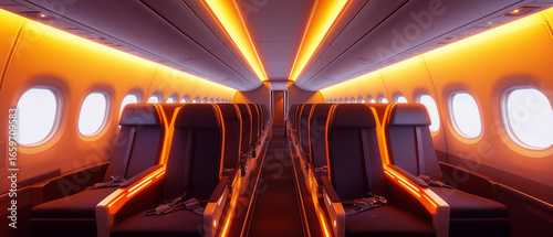 AI generator image of Airplane interior, seats and window. Air traffic Empty seats and window inside an aircraft Rows of passenger seats in the cabin airplane conceptual photo