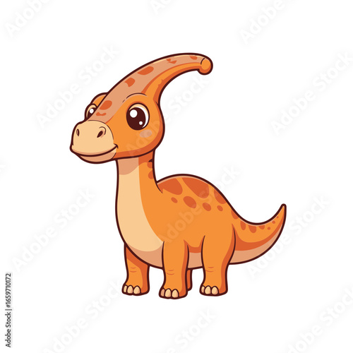 A cute baby Parasaurolophus sticker design, chibi cartoon style, 2D flat vector icon illustration of an adorable little. Kawaii style, character art, isolated on white background