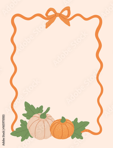 Autumn Frame of bow knot ribbon decorated pumpkin with leaves. Fall season border. Vintage template for greeting cards, invitations, social media. Preppy coquette aesthetic. Holiday background