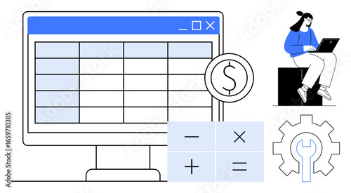 Computer screen with spreadsheet, dollar sign, calculator buttons, gear icon, and woman using laptop. Ideal for finance, accounts, budgeting, analytics productivity strategy and calculation in