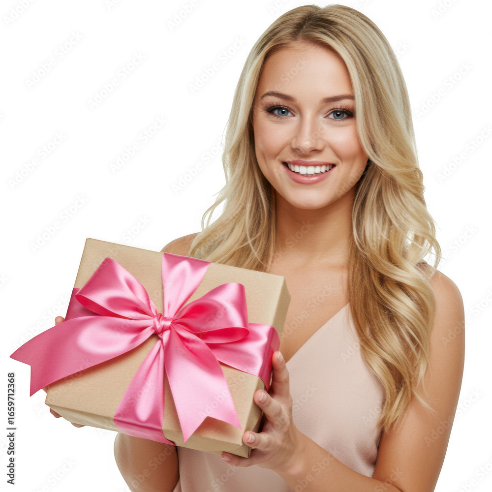 Smiling woman holding gift box with pink ribbon isolated on transparent background Smiling woman holding gift box with pink ribbon isolated on transparent background