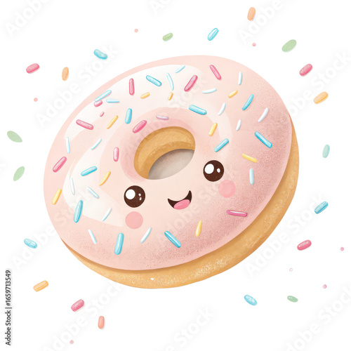Animated Donut with Sprinkles: An adorable cartoon donut with a cheerful smile and colorful sprinkles, radiating joy and playful energy. The perfect symbol of sweetness and delightful treats.