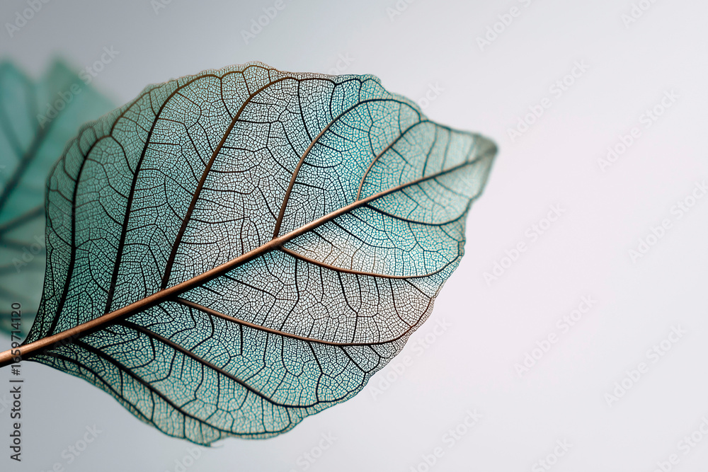 Obraz premium Delicate transparent leaf with visible veins in soft teal tones on a light neutral background