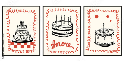 Cake Cream birthday wedding doodle hand drawn whimsical style collection poster set. Candles, bow, ribbon romantic pastry bakery collection sketches.