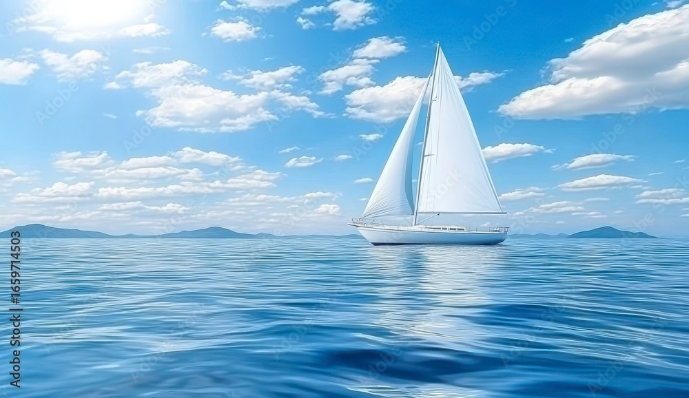 Obraz premium Serene Sailboat on Calm Ocean Waves Under Bright Blue Sky