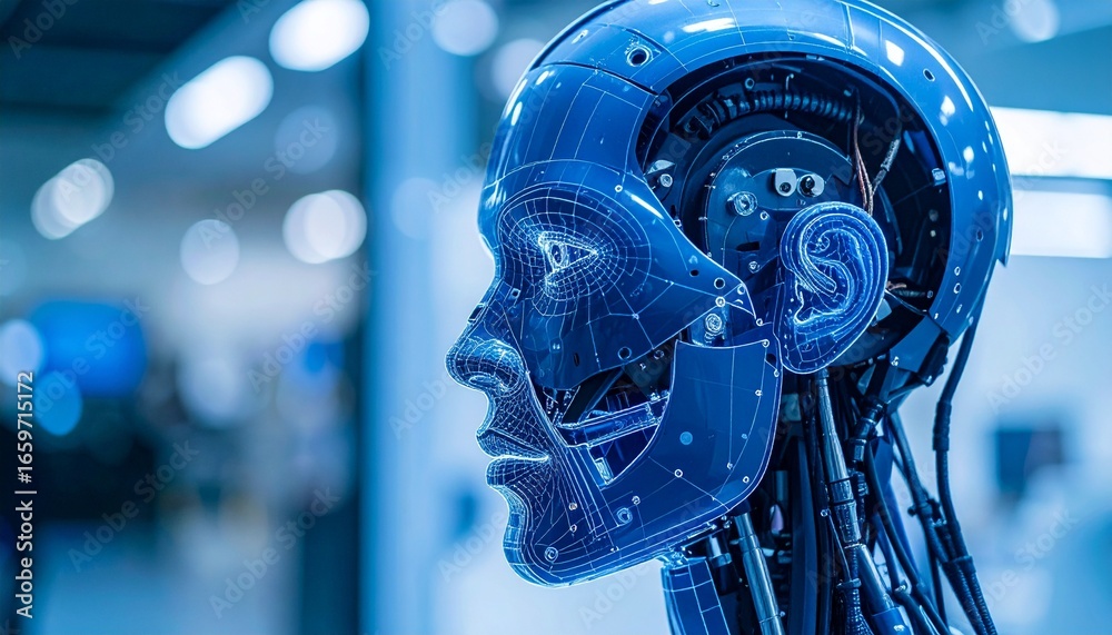 Fototapeta premium A close-up shot of a robotic head in a futuristic setting, emphasizing artificial intelligence and technological innovation