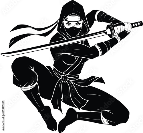 Dynamic vector illustration of a hooded female assassin in a high-action pose, wielding a sharp katana blade. Graphic art for combat themes.