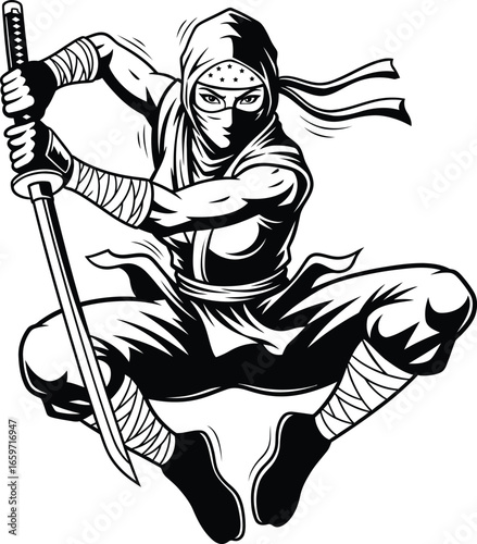 Striking monochrome vector art of a skilled assassin wielding a sharp katana in a fierce fighting stance.