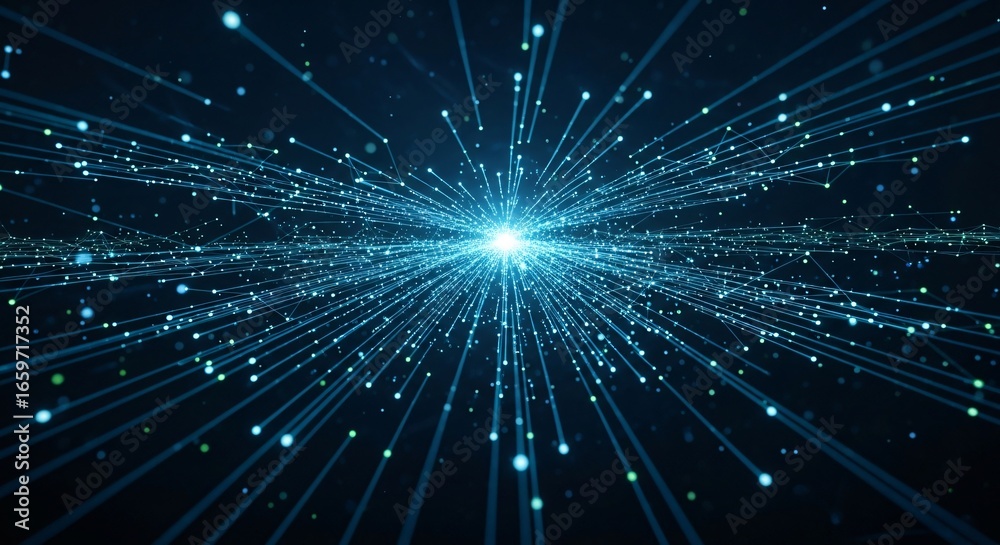 Obraz premium Abstract digital network with radiating blue light and connected particles symbolizing data flow.
