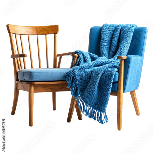  Classic Wooden Armchair with a Blue Blanket, a Cozy Furniture Object